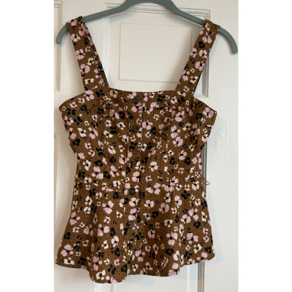 Who What Wear Womens XS Brown‎ Pink Floral Linen Blend Button Front Peplum Top